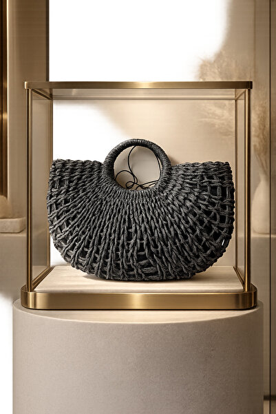 Luminos Butik Μαύρη ψάθινη τσάντα Half Moon CNT1102