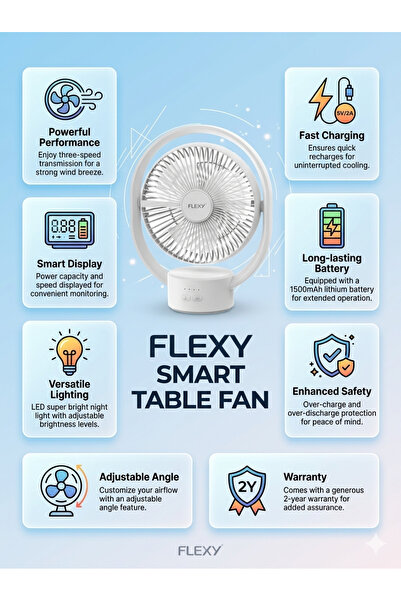 flexy Smart Rechargeable Table Fan – 3-Speed Cooling with LED Night Light & D...