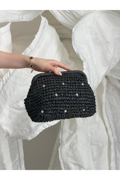 Luminos Butik Κλασική τσάντα από ψάθινο ύφασμα με λουράκι αλυσίδας και πέτρες...