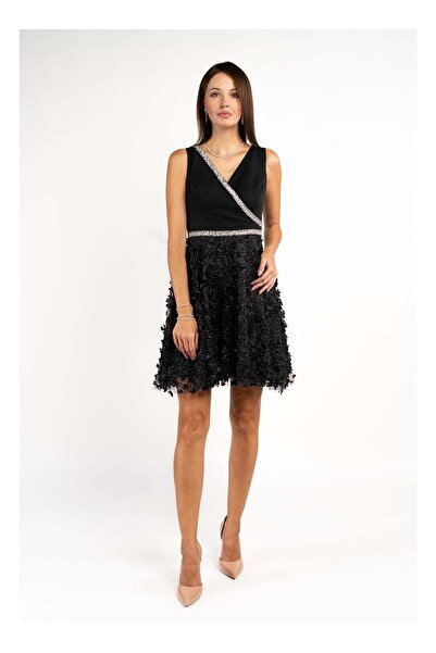 Fashonara Black and Silver Cross Embossed Dress with A-Line Skirt