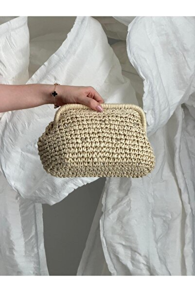 Luminos Butik Κλασική τσάντα από ψάθινο υλικό σε μπεζ απόχρωση με λουράκι αλυ...