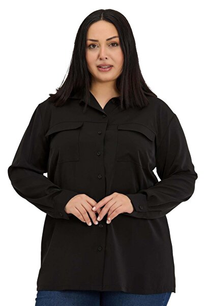 DISENTIS MODEST Μαύρο πουκάμισο μεγάλου μεγέθους με διπλές τσέπες και μακριά ...