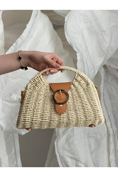 Luminos Butik Μπεζ ψάθινη τσάντα με κούμπωμα δαχτυλίδι CNT1146