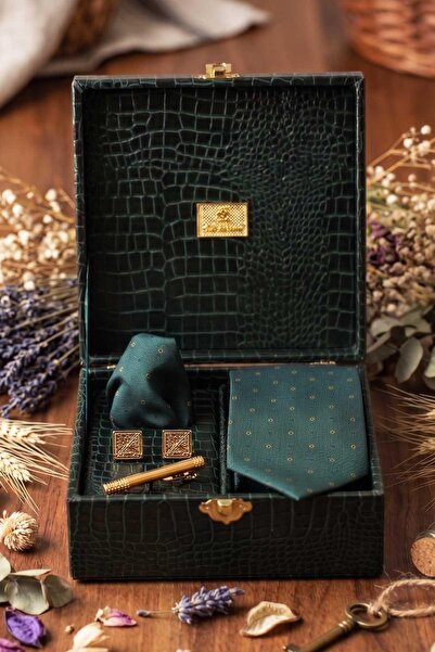 Kravatkolik Πράσινο Ανδρικό Κουτί Δώρου - Σετ Γραβάτα, Μαντήλι, Μανικετόκουμπ...