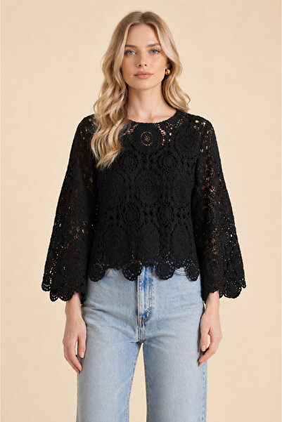 Kirazgym Δαντελένια μπλούζα Γυναικεία μακρυμάνικη, χαλαρή εφαρμογή, κομψό cas...