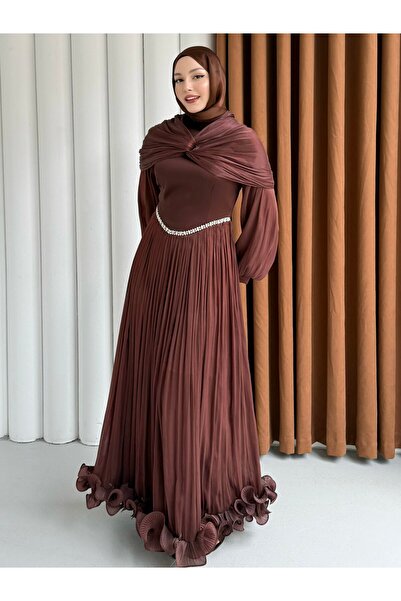 Modaensarbutik Lumiera Şal Detaylı Pileli Tesettür Abiye-KAHVERENGİ