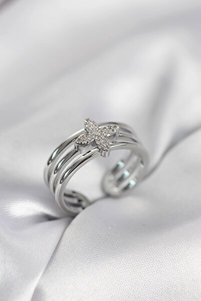 OtoTech Silver Color Zircon Stone Clover Model Women's Ring