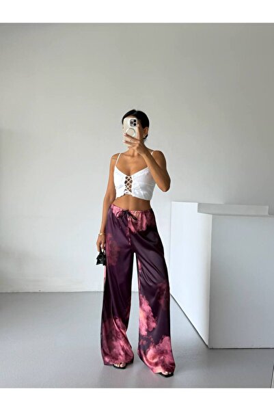 vuvutasarım New Season Wide Leg Elastic Waist Patterned Satin Trousers 52201034