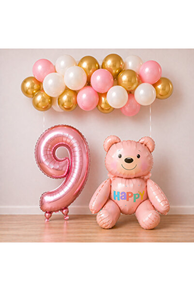 BALON DİYARI 9 Year Old Pink Teddy Bear Themed Birthday Balloon Set for Girl