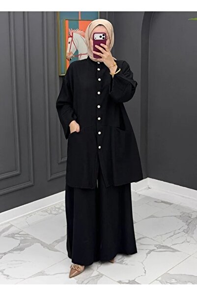 chize Trendy Buttoned Detailed Double Pocket Comfortable Fit Hijab Two-Piece Set