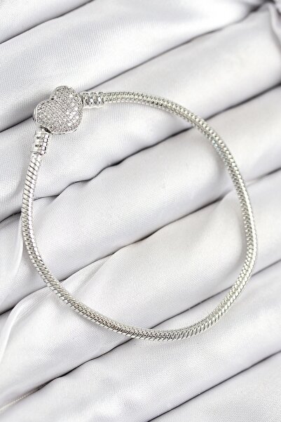 TakÇalıştır Brass Charm Zircon Stone Heart Model Silver Color Women's Bracelet