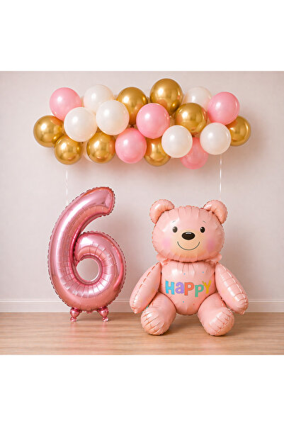 BALON DİYARI Σετ μπαλονιών γενεθλίων με θέμα το ροζ αρκουδάκι για 6 ετών, κορ...