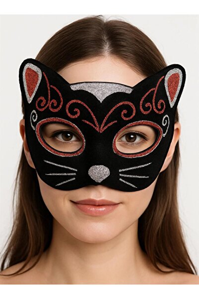 TakÇalıştır Velvet Textured Glitter Detailed Sparkly Cat Mask Red Silver 20X1...