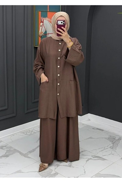 chize Trendy Buttoned Detailed Double Pocket Comfortable Fit Hijab Two-Piece Set