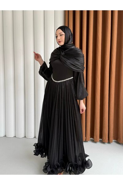 Modaensarbutik Lumiera Şal Detaylı Pileli Tesettür Abiye-SİYAH
