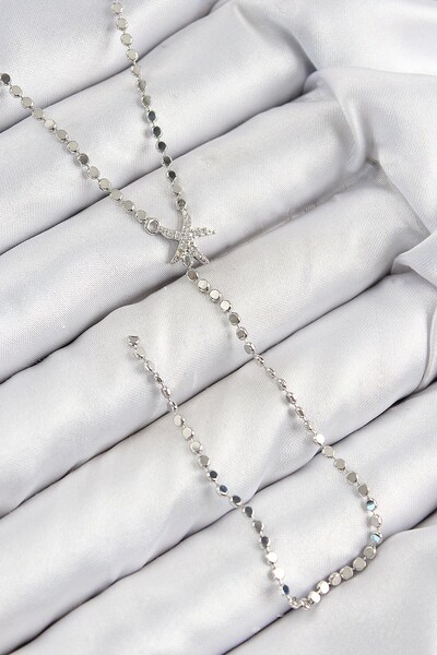 TakÇalıştır Brass Zircon Stone Crushed Chain Starfish Model Silver Color Y Ne...
