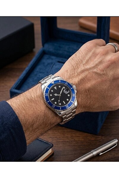 MEN'S STEEL BAND NAVY BLUE FRAME BLACK DIAL ROTATING BEZEL MEN'S WRIST WATCH WITH CALENDAR