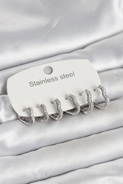 TakÇalıştır 316L Steel Silver Color 6 Piece Set Heart Form Women Earrings