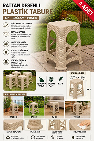 Plodna House Plastik Rattan Tabure 4’lü Set – Bahçe Balkon Taburesi 45 cm Yük...