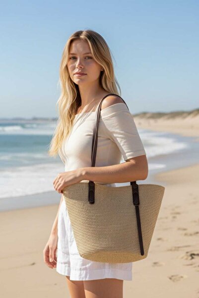 Aware Time Γυναικεία τσάντα ώμου με ψάθινη επένδυση και φερμουάρ