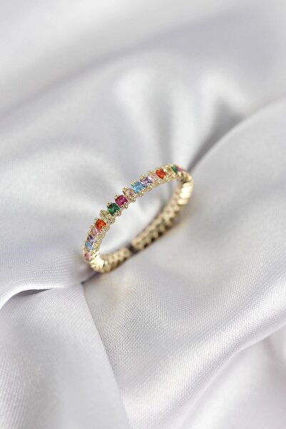 TakÇalıştır In Row Mixed Color Gold Color Zircon Stone Women's Ring