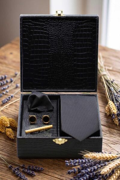 Kravatkolik Black Men's Gift Box - Tie, Handkerchief, Cufflinks, Tie Clip Set...