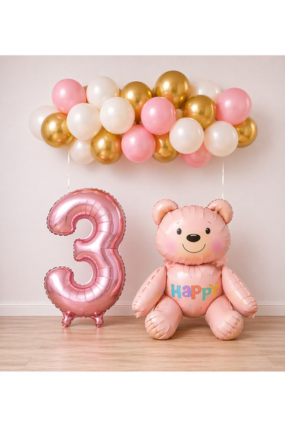 BALON DİYARI Σετ μπαλονιών γενεθλίων με θέμα το ροζ αρκουδάκι για κορίτσι 3 ετών