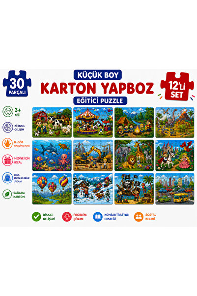 KAR TANESİ Küçük Boy Karton Yapboz 30 Parça – 12’li Set Eğitici Puzzle 19x27 ...