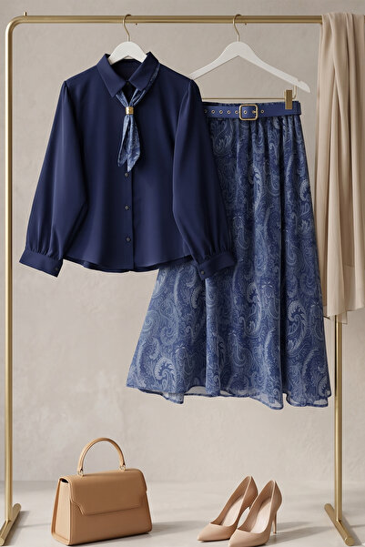 FERHEL Women's Skirt with Belt, Scarf, Lined Skirt, Blouse, Chiffon Set - Nav...