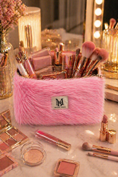 MAKE BAG YENİ İTHAL TOZ PEMBE PELUŞ MAKYAJ ÇANTASI