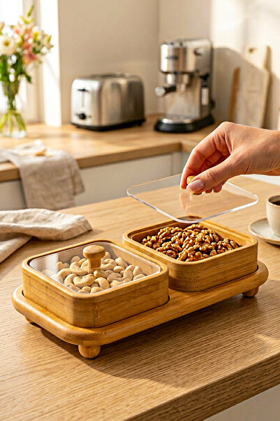 Snippy Joe Kare - 2-Piece Bamboo Rectangular Tray with Plastic Lid Snack Bowl...