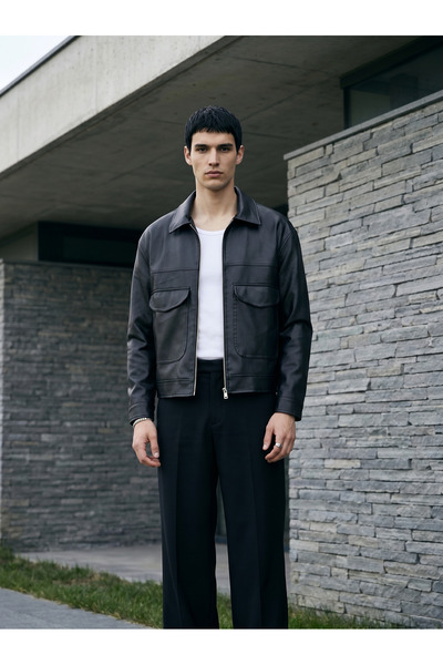 BASEL.CO Trend ZRA Δερμάτινο Μπουφάν σε Φαρδιά Γραμμή