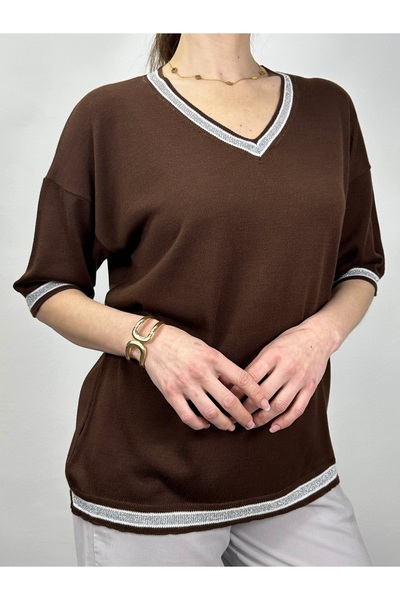 GND Βισκόζη μπλούζα με λαιμόκοψη V και κοντό μανίκι με λάμψη