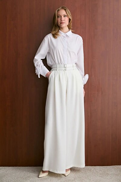 Melike Tatar Παντελόνι με διπλή ζώνη EKRU 2740