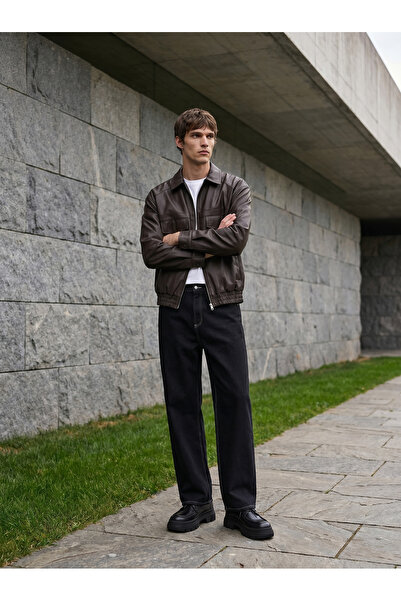 BASEL.CO ZRA Trend Δερμάτινο Μπουφάν Crop Bomber Oversize με Ελαστική Μέση