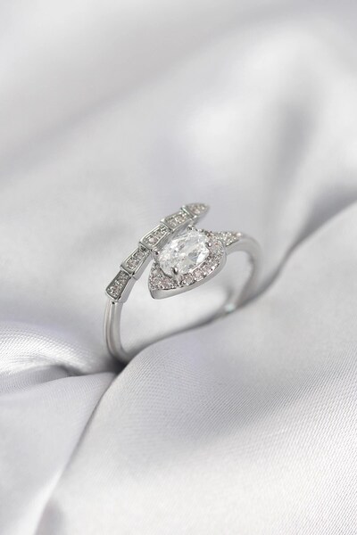 TakÇalıştır Snake Model Silver Color Zircon Stone Women's Ring