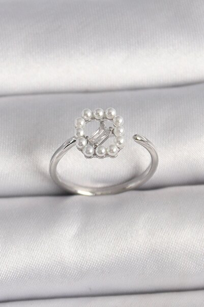 TakÇalıştır Brass Silver Color Zircon Stone Detailed Pearl Adjustable Ring