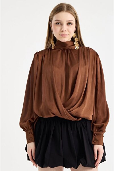 ZGfashion Kadın Kahve Rengi Kruvaze Yaka Şifon Bluz