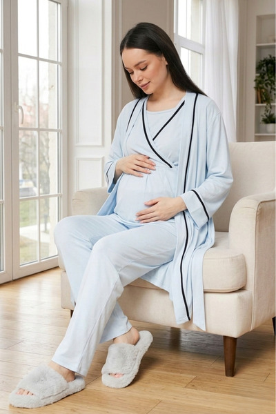 Lohusa Homewear Γυναικείο μπλε διπλό κοντομάνικο καλοκαιρινό σετ πιτζάμες 100...