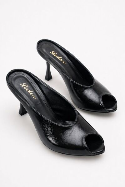 LDR Γυναικεία μαύρα λουστρίνια παπούτσια με ανοιχτή μύτη και τακούνι, με ανοι...