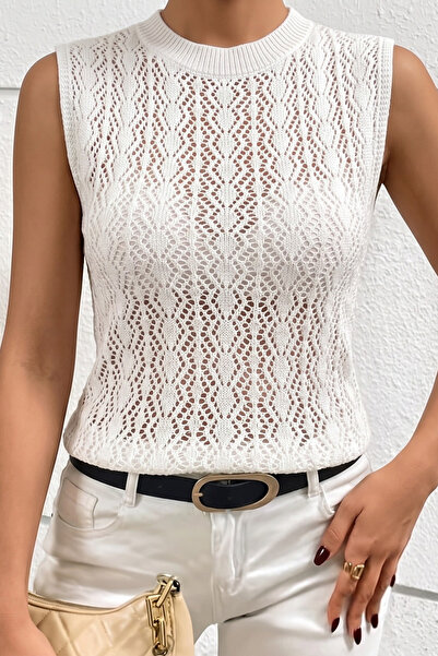 hanope Women's Summer Openwork Patterned Zero Sleeve White Blouse