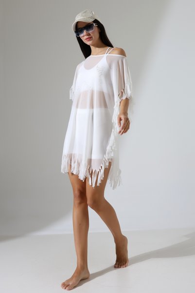 Esberin Stone Detailed Tasseled Tulle Pareo Beach Dress