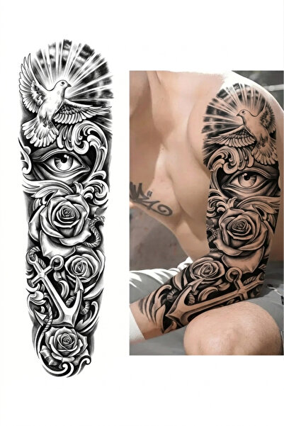 SİTORA Güvercin & Göz Figürlü Kol Kaplama Dövmesi – Full Sleeve Geçici Tattoo