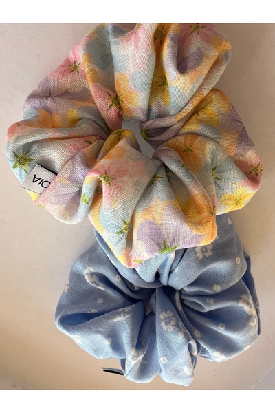 OIA Atelier Bahar Çiçekleri Pamuk Scrunchie 2 li Lastik Toka Set