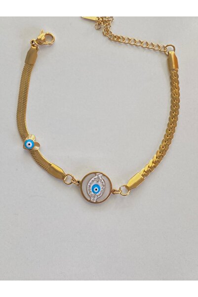 Ustaeller Steel Bracelet with Gold Color, Stone in the Middle, Blue Eye and S...