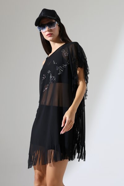 Esberin Stone Detailed Tasseled Tulle Pareo Beach Dress