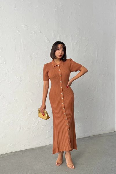 Lusin Women's Coffee Color Buttoned Summer Fabric Short Sleeve Polo Collar Lo...