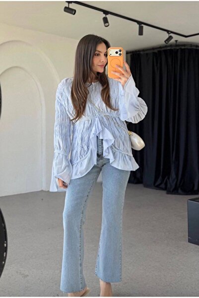 Via Boutique Fırfır Detaylı Açık Mavi Tasarım Gömlek Bluz