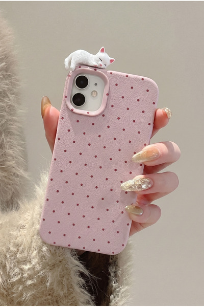 KVK PRİVACY iPhone 12 / 12 Pro Uyumlu Premium Kılıf Kedi Figürlü Pembe Noktal...