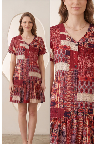 ŞERİCE Women's Patchwork Patterned Buttoned Front Ruffled Authentic Dress